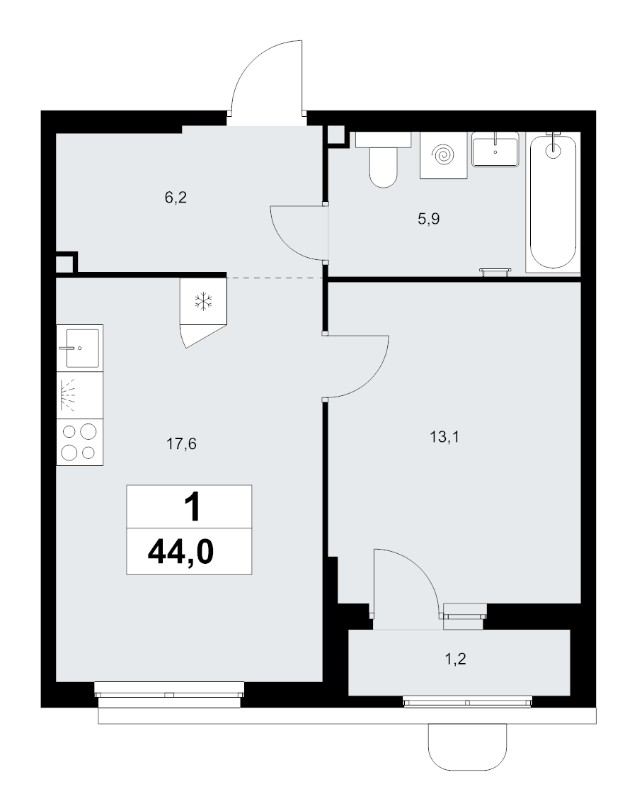 2 ккв (Евро) 44 м²