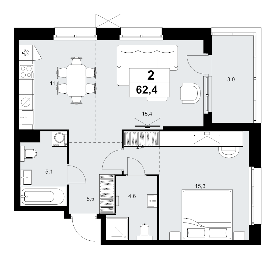 2 ккв (Евро) 62,4 м²