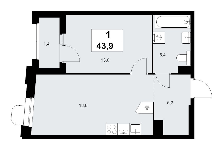 2 ккв (Евро) 43,9 м²