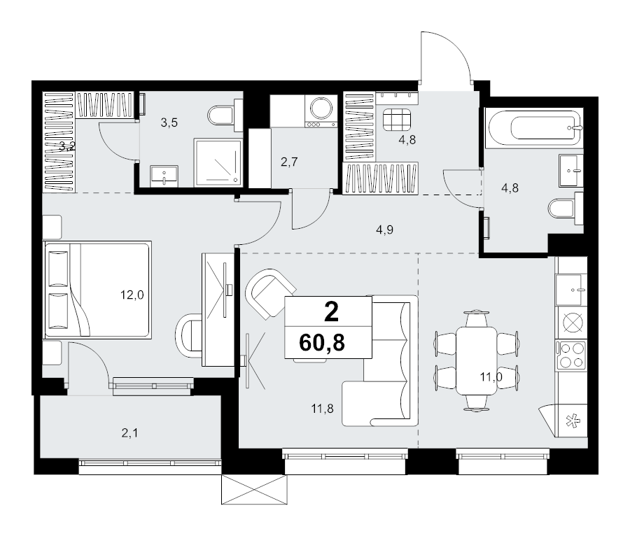 2 ккв (Евро) 60,8 м²