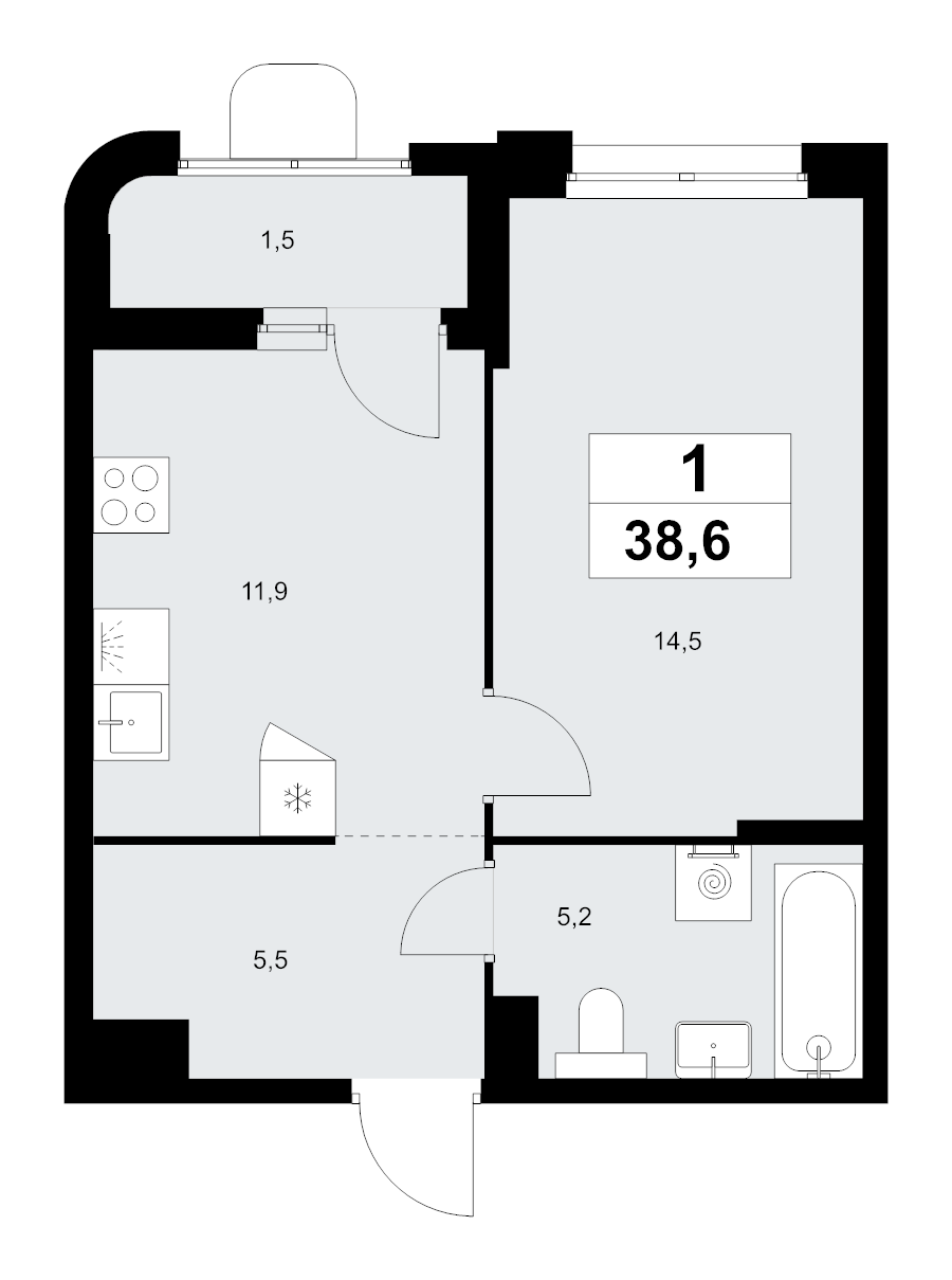 1 ккв 38,6 м²