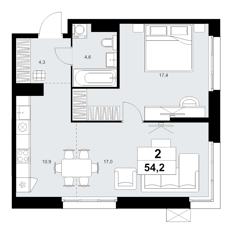 2 ккв (Евро) 54,2 м²