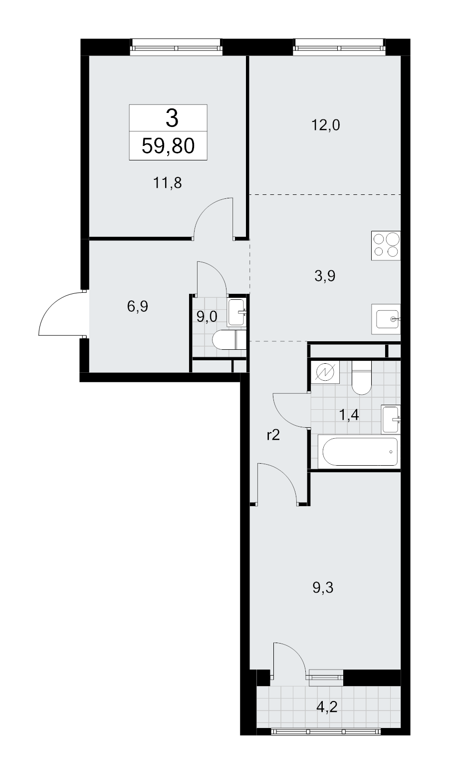3 ккв (Евро) 59,8 м²