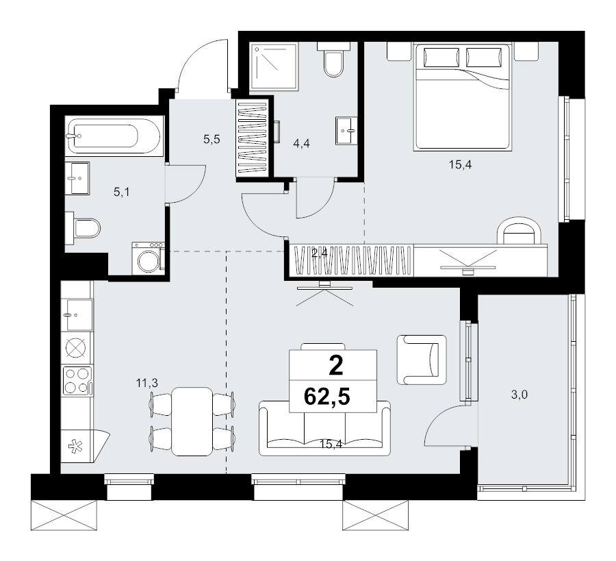 2 ккв (Евро) 62,5 м²