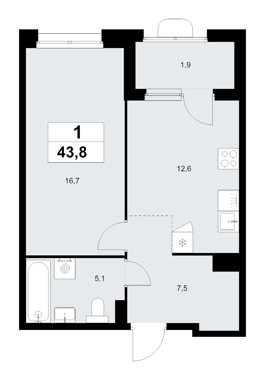 1 ккв 43,8 м²