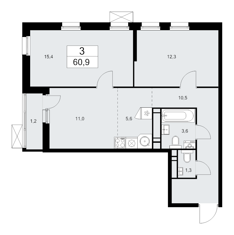 3 ккв (Евро) 60,9 м²