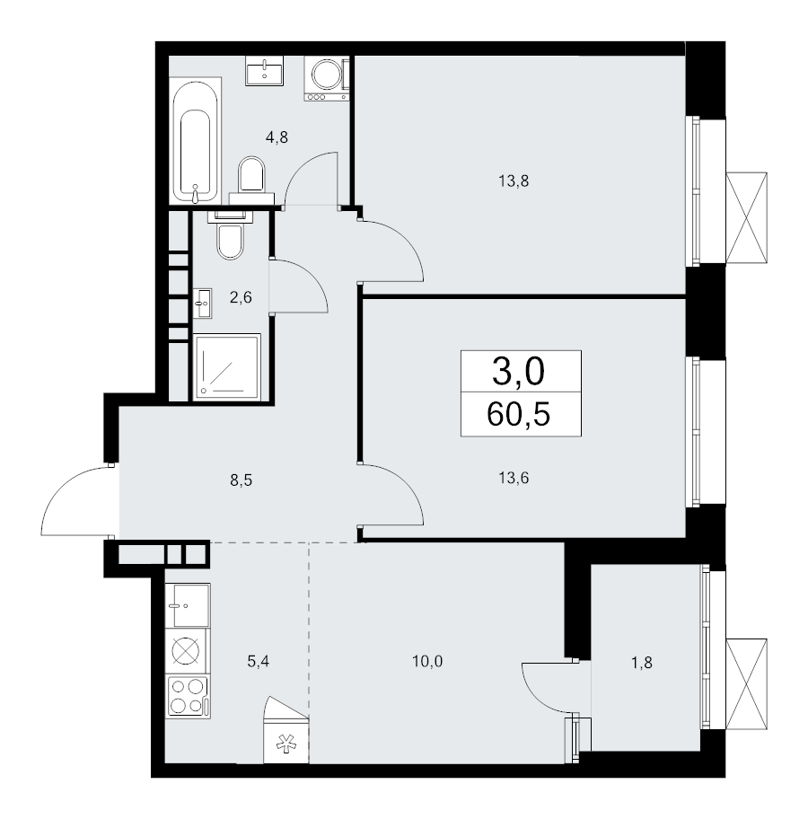 3 ккв (Евро) 60,5 м²