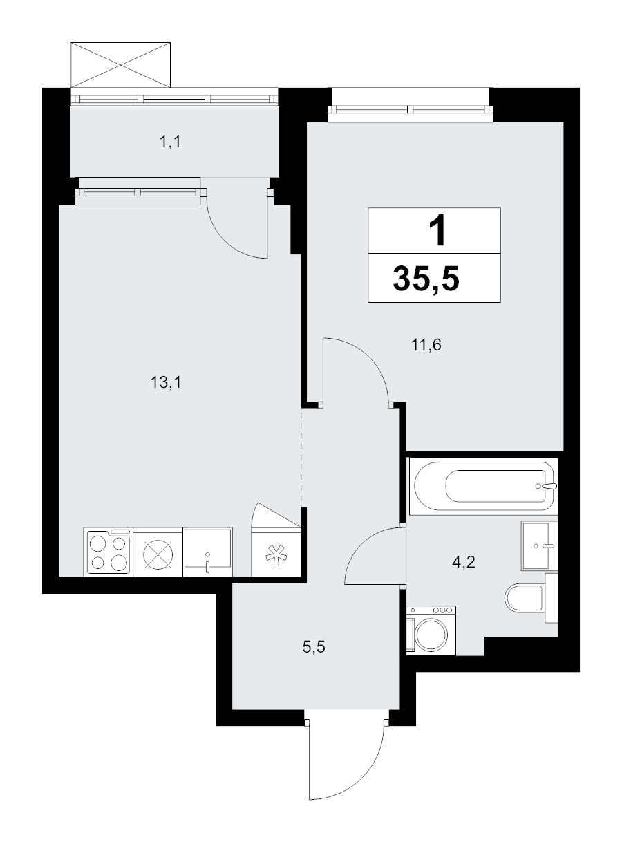 1 ккв 35,5 м²