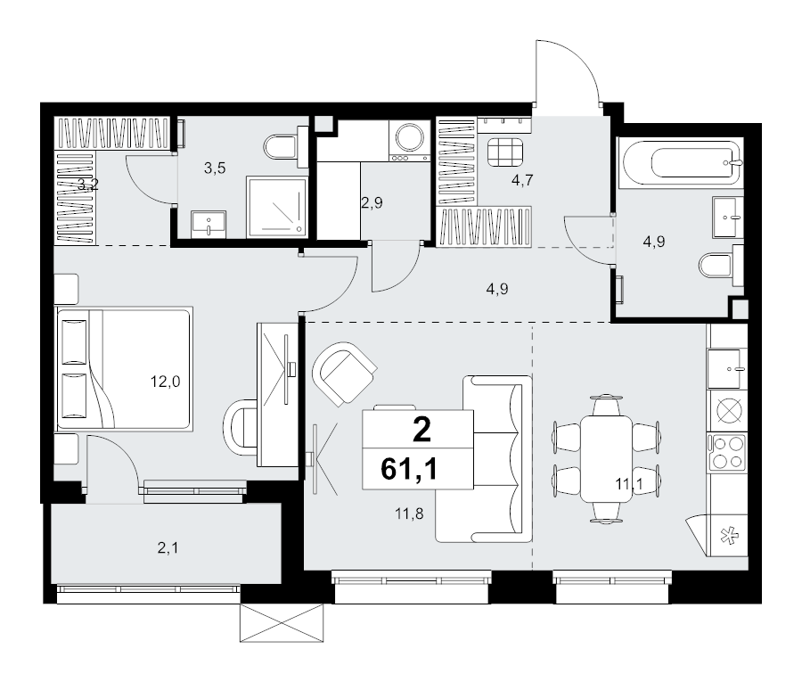 2 ккв (Евро) 61,1 м²