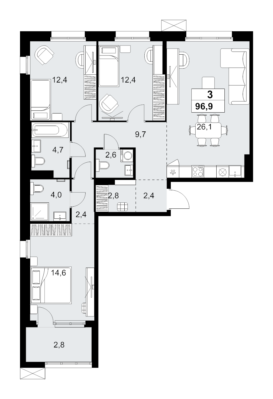 4 ккв (Евро) 96,9 м²