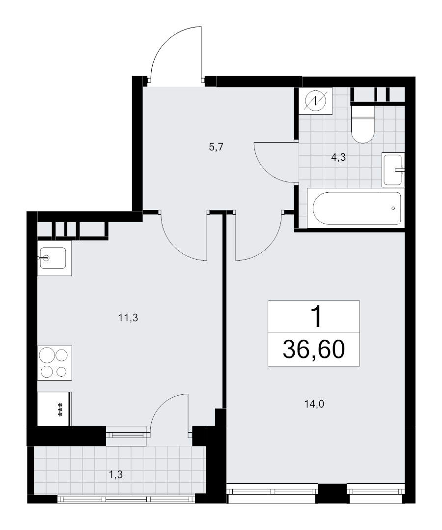 1 ккв 36,6 м²
