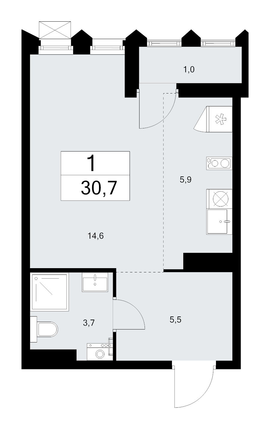 Студия 30,7 м²