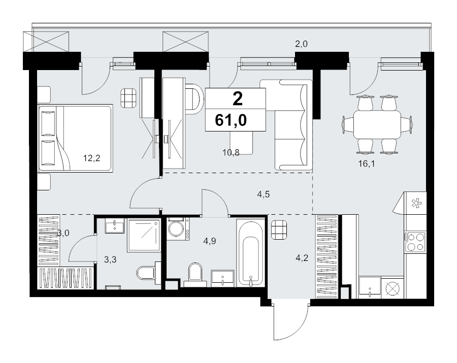 2 ккв (Евро) 61 м²