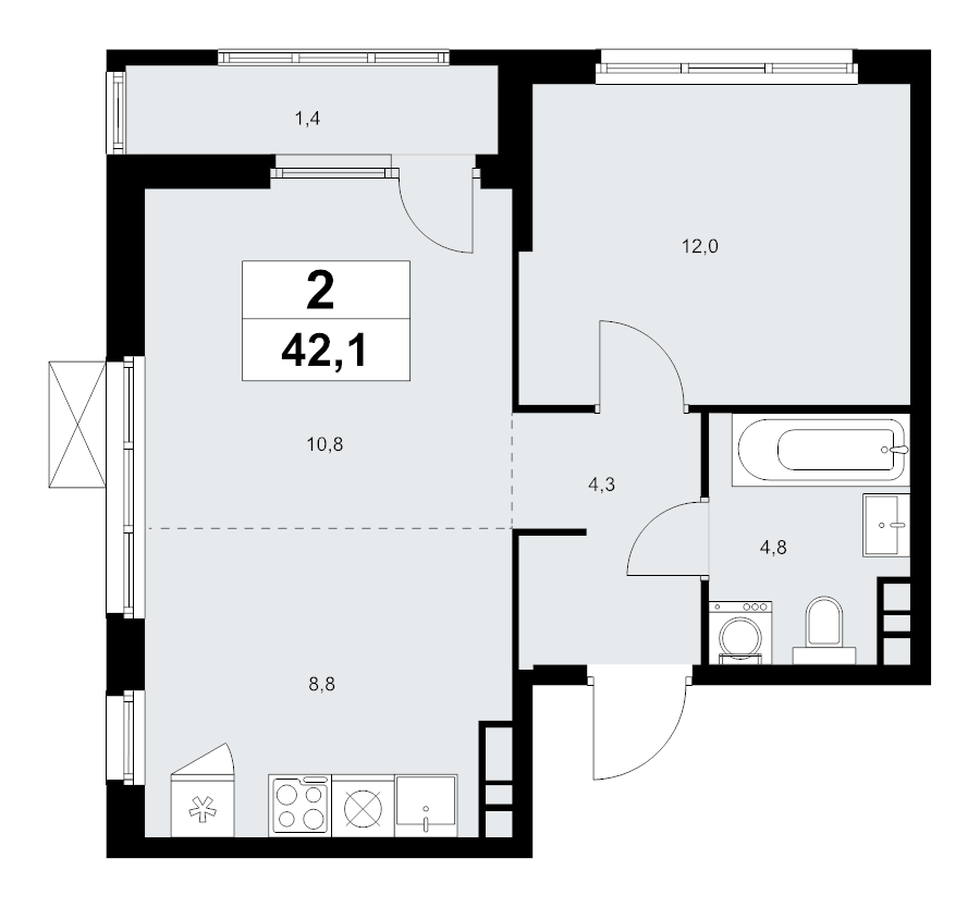 2 ккв (Евро) 42,1 м²