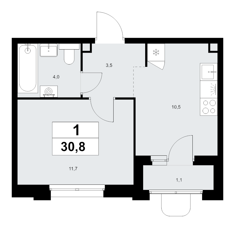 1 ккв 30,8 м²