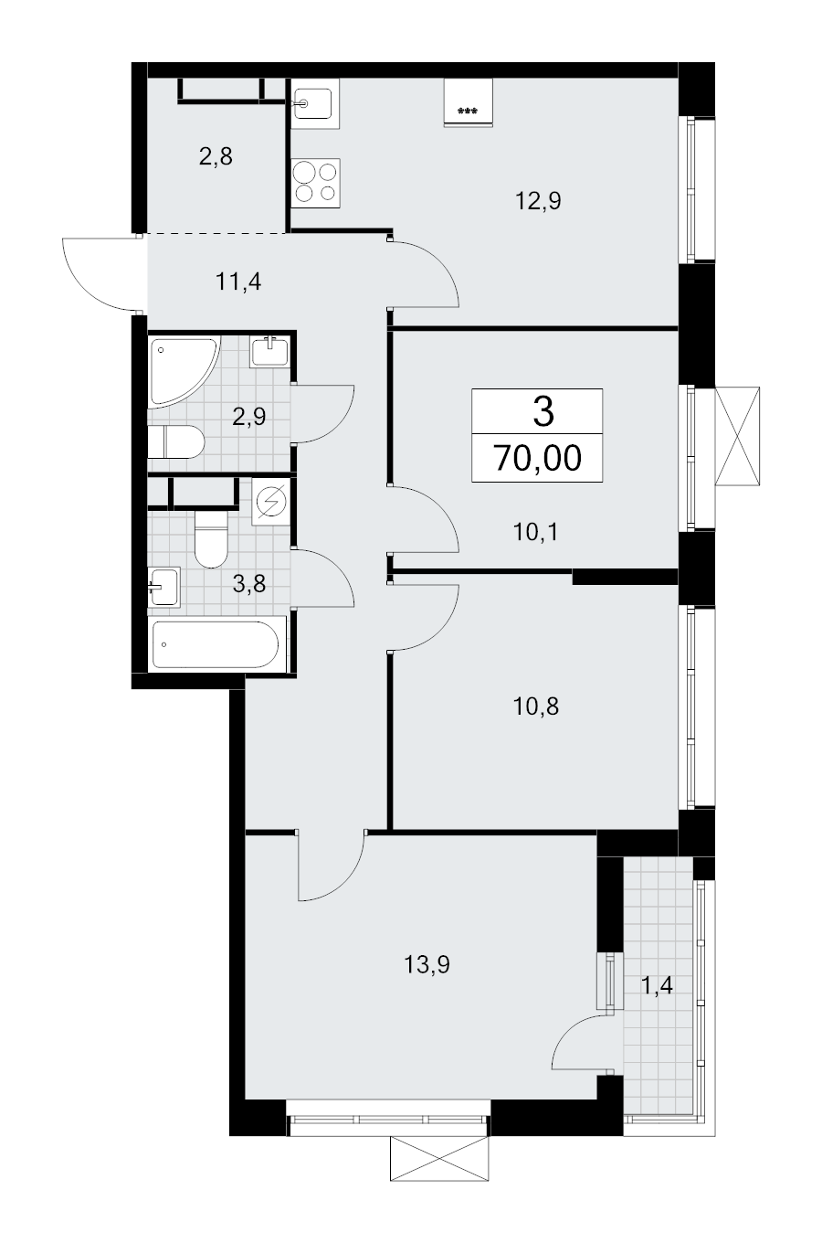 3 ккв 70 м²
