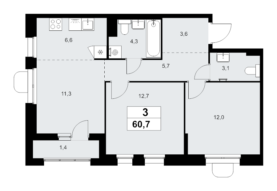 3 ккв (Евро) 60,7 м²