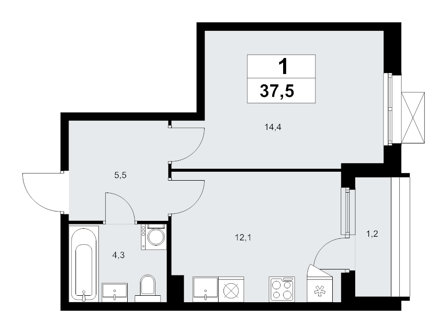 1 ккв 37,5 м²