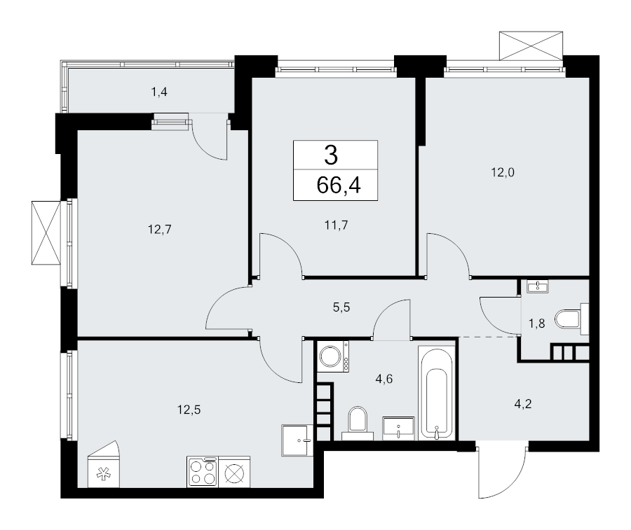3 ккв 66,4 м²