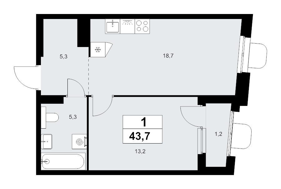 2 ккв (Евро) 43,7 м²