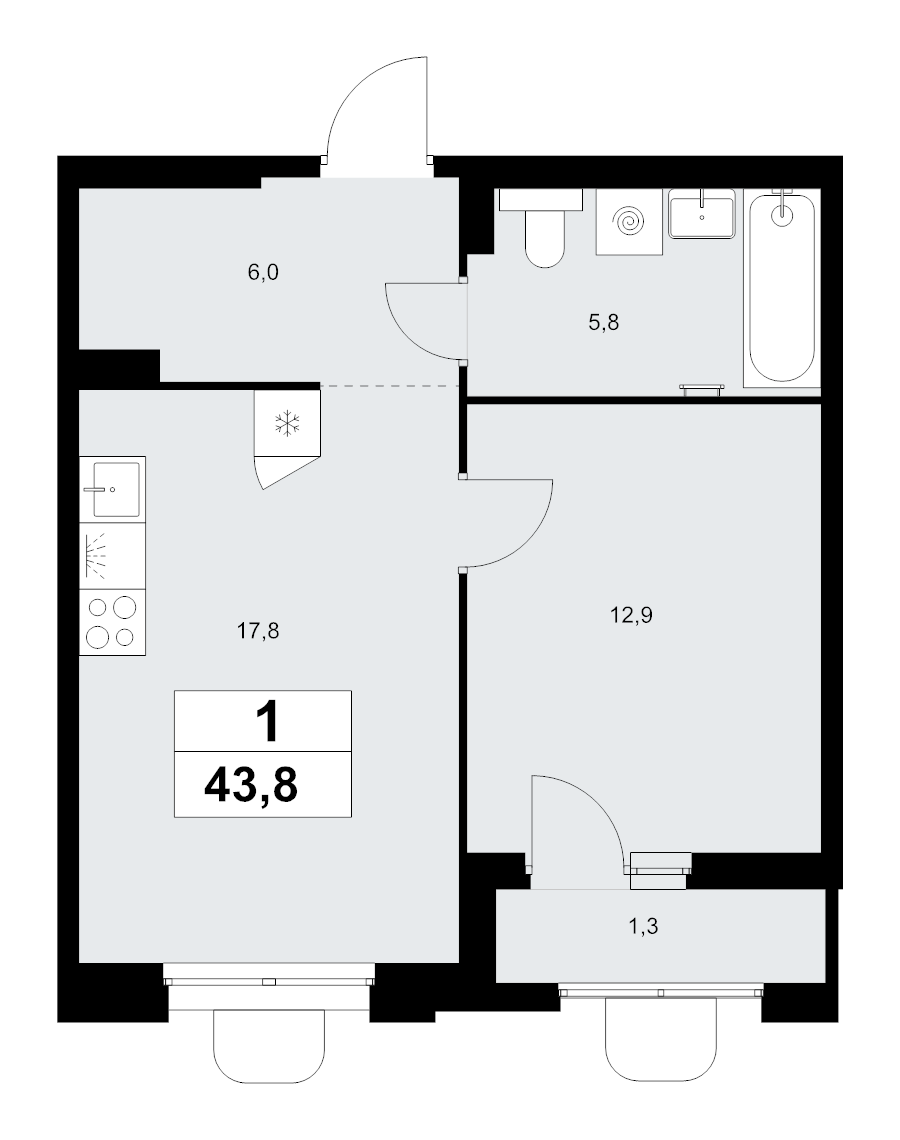 2 ккв (Евро) 43,8 м²