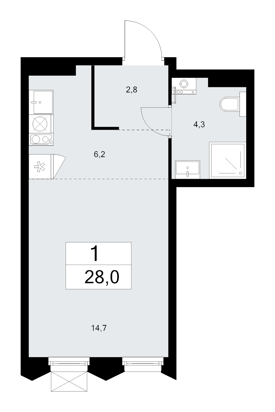 Студия 28 м²