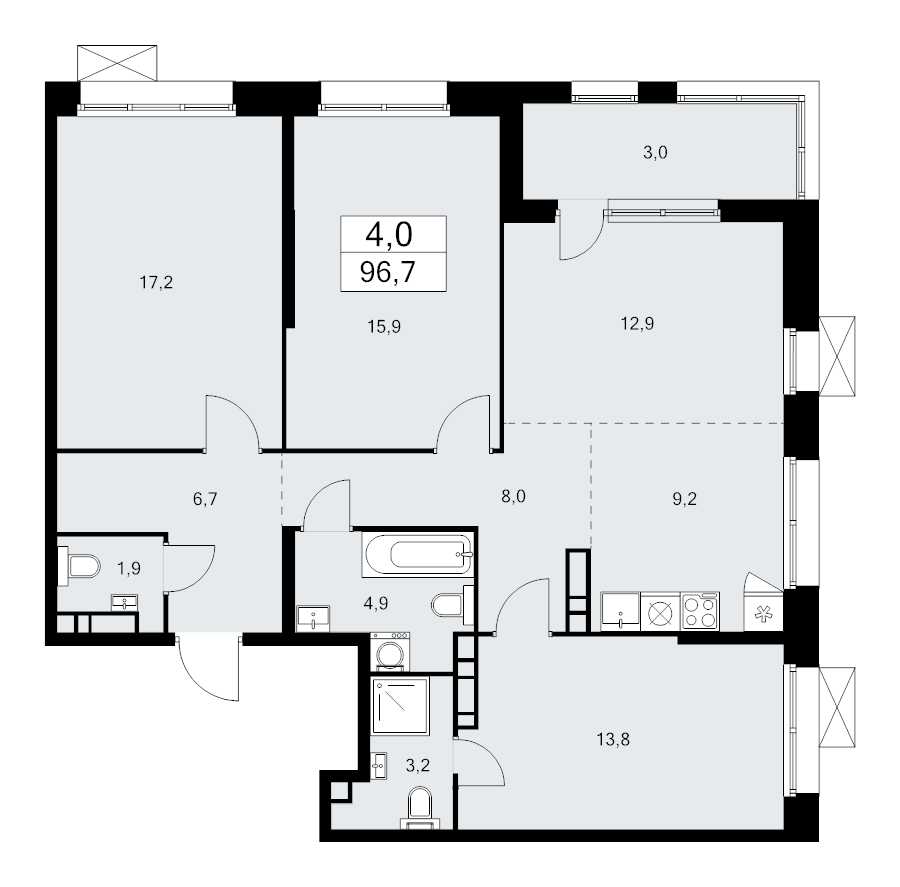 4 ккв (Евро) 96,7 м²