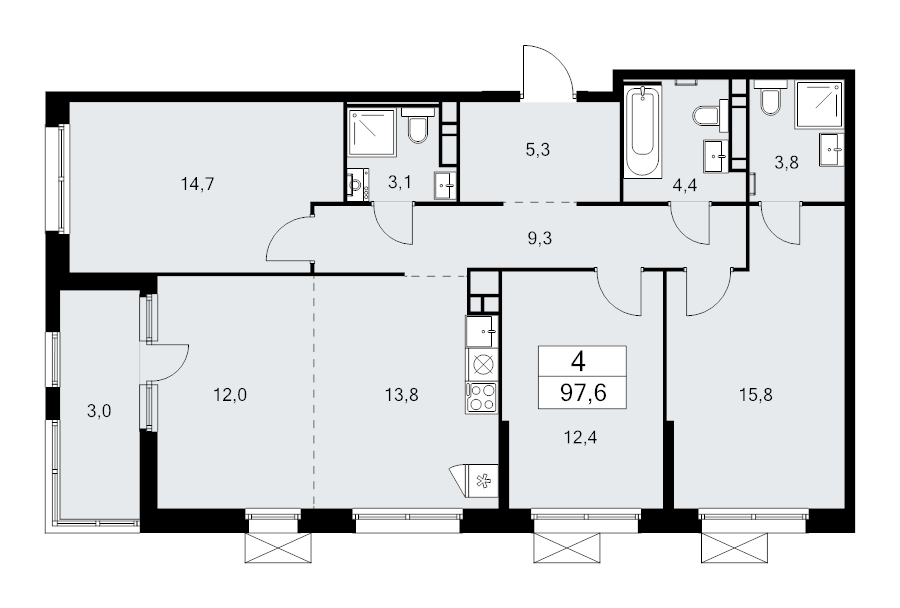 4 ккв (Евро) 97,6 м²