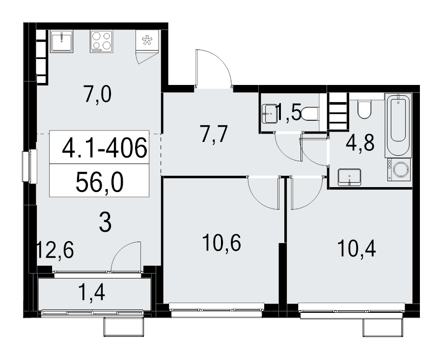 3 ккв (Евро) 56 м²