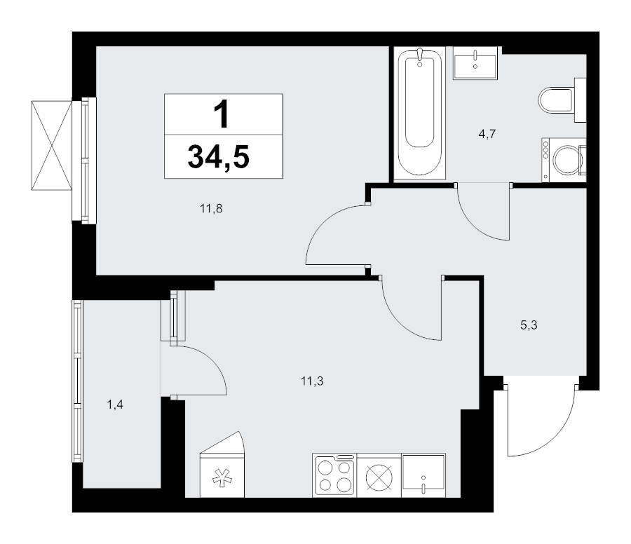 1 ккв 34,5 м²