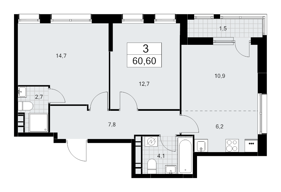 3 ккв (Евро) 60,6 м²
