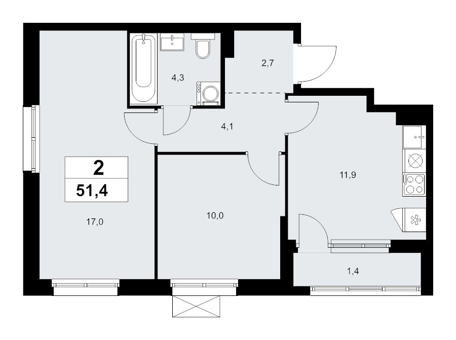2 ккв 51,4 м²