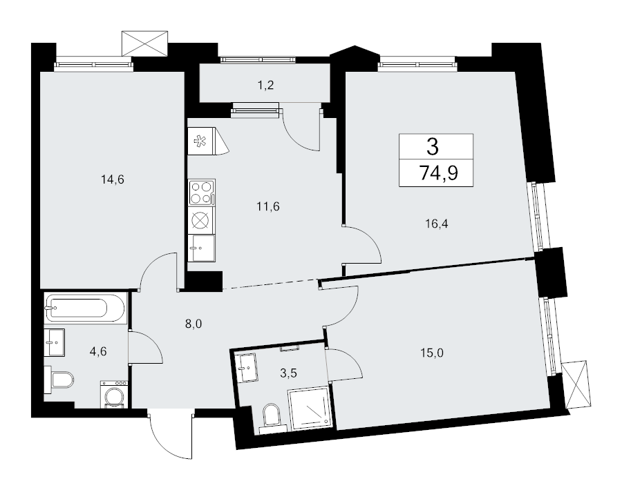 3 ккв 74,9 м²