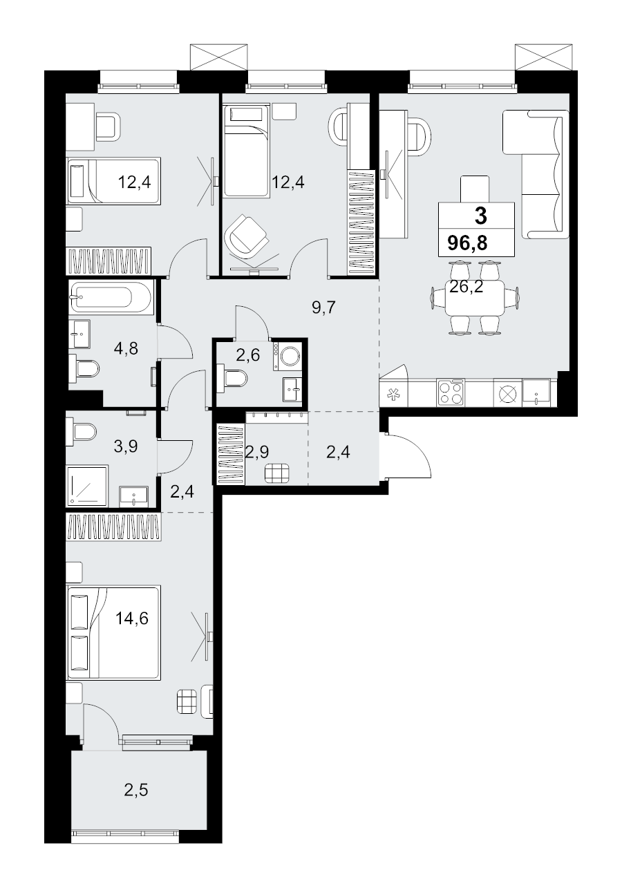4 ккв (Евро) 96,8 м²