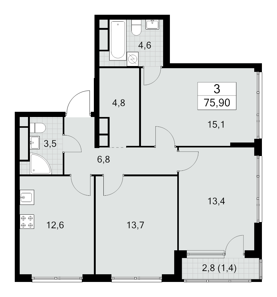 3 ккв 75,9 м²