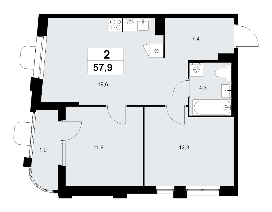 3 ккв (Евро) 57,9 м²
