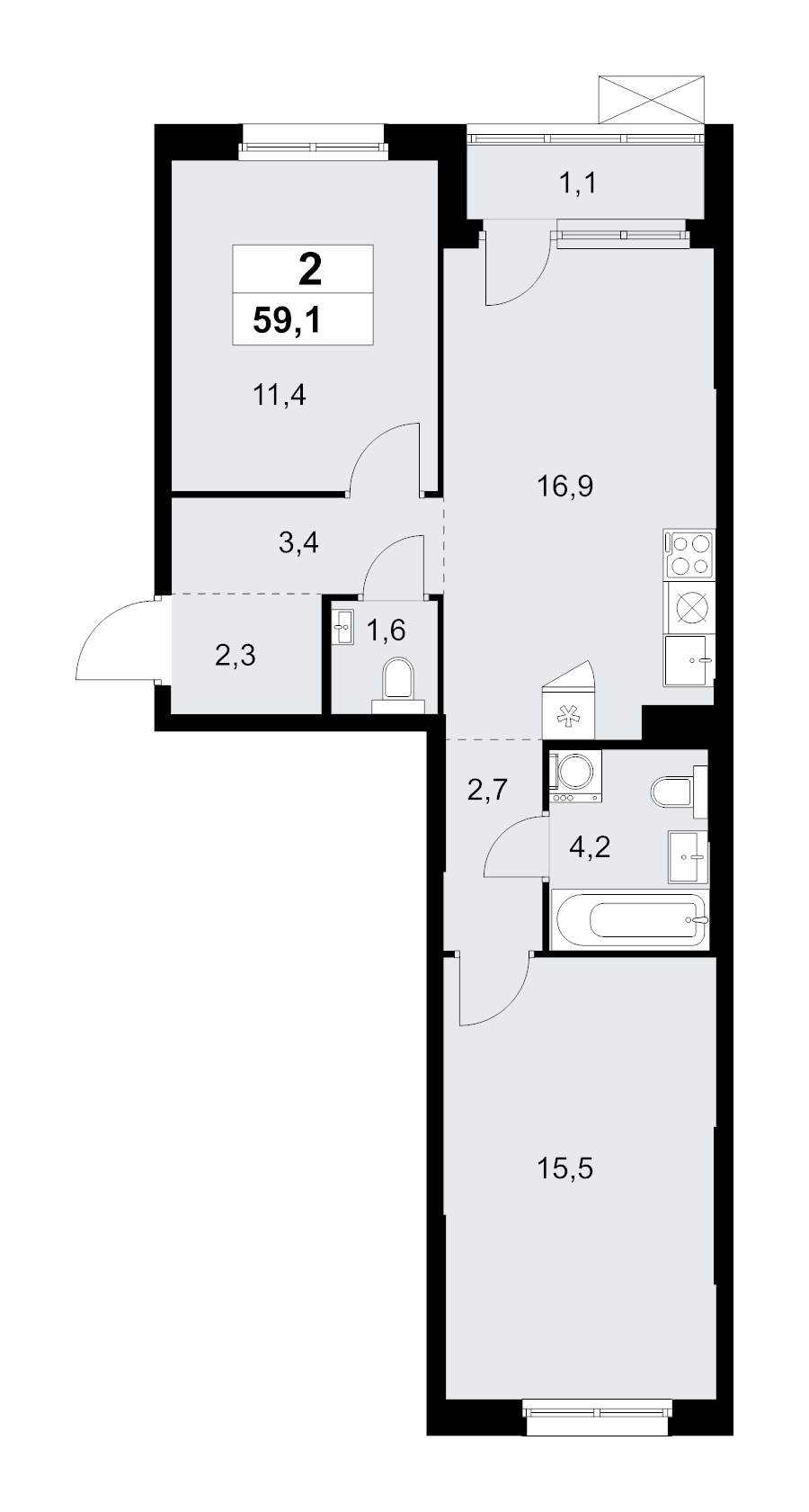 3 ккв (Евро) 59,1 м²
