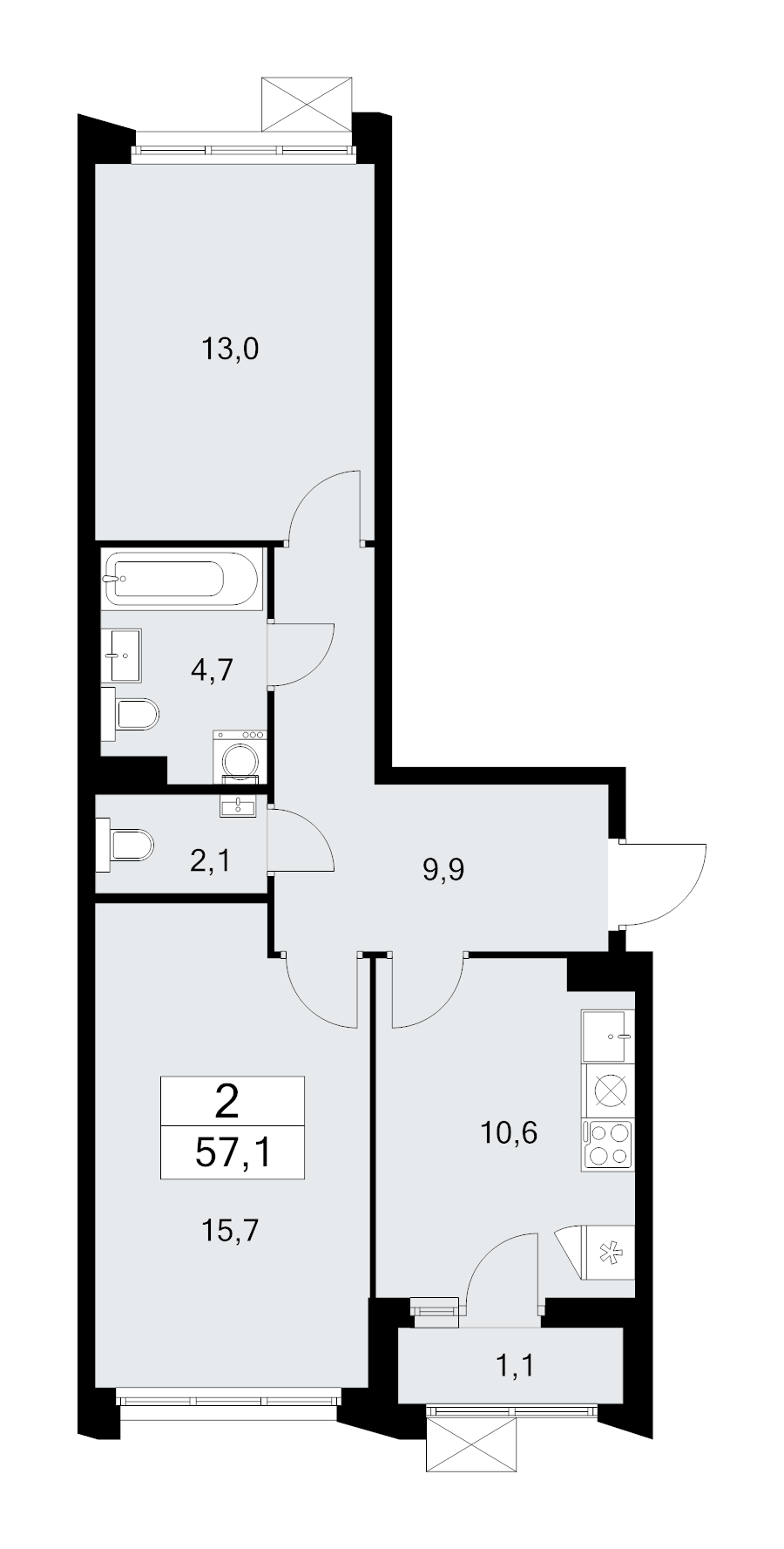 2 ккв 57,1 м²