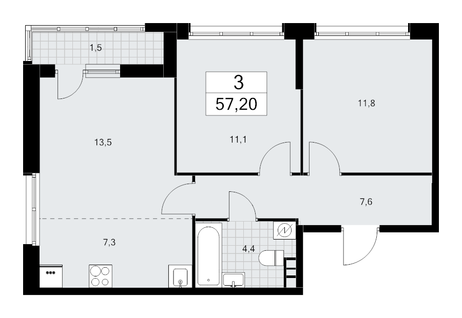 3 ккв (Евро) 57,2 м²