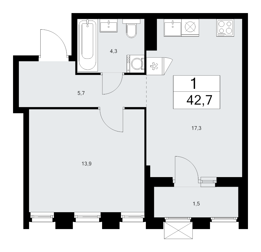 2 ккв (Евро) 42,7 м²