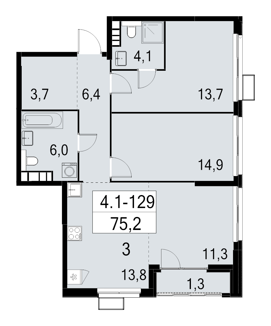 3 ккв (Евро) 75,1 м²