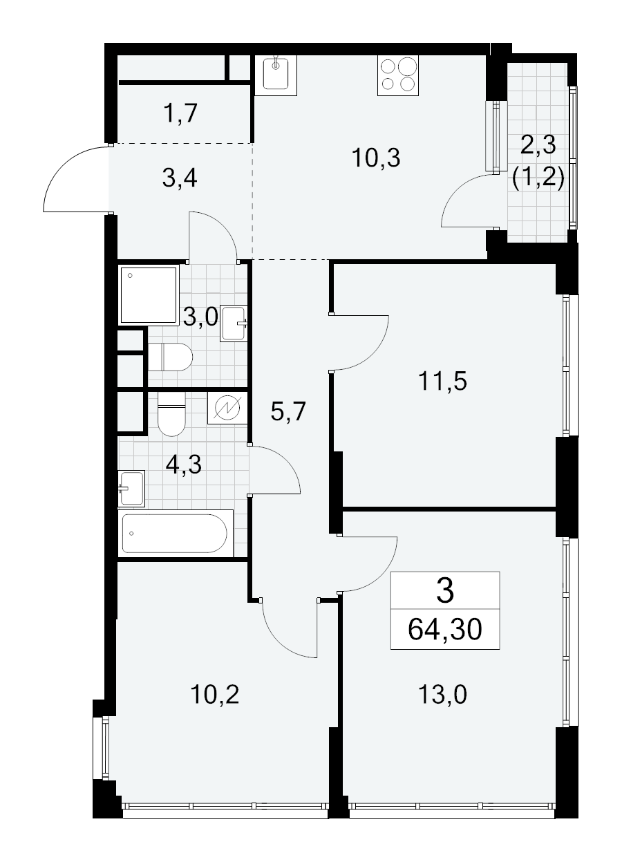 3 ккв 64,3 м²