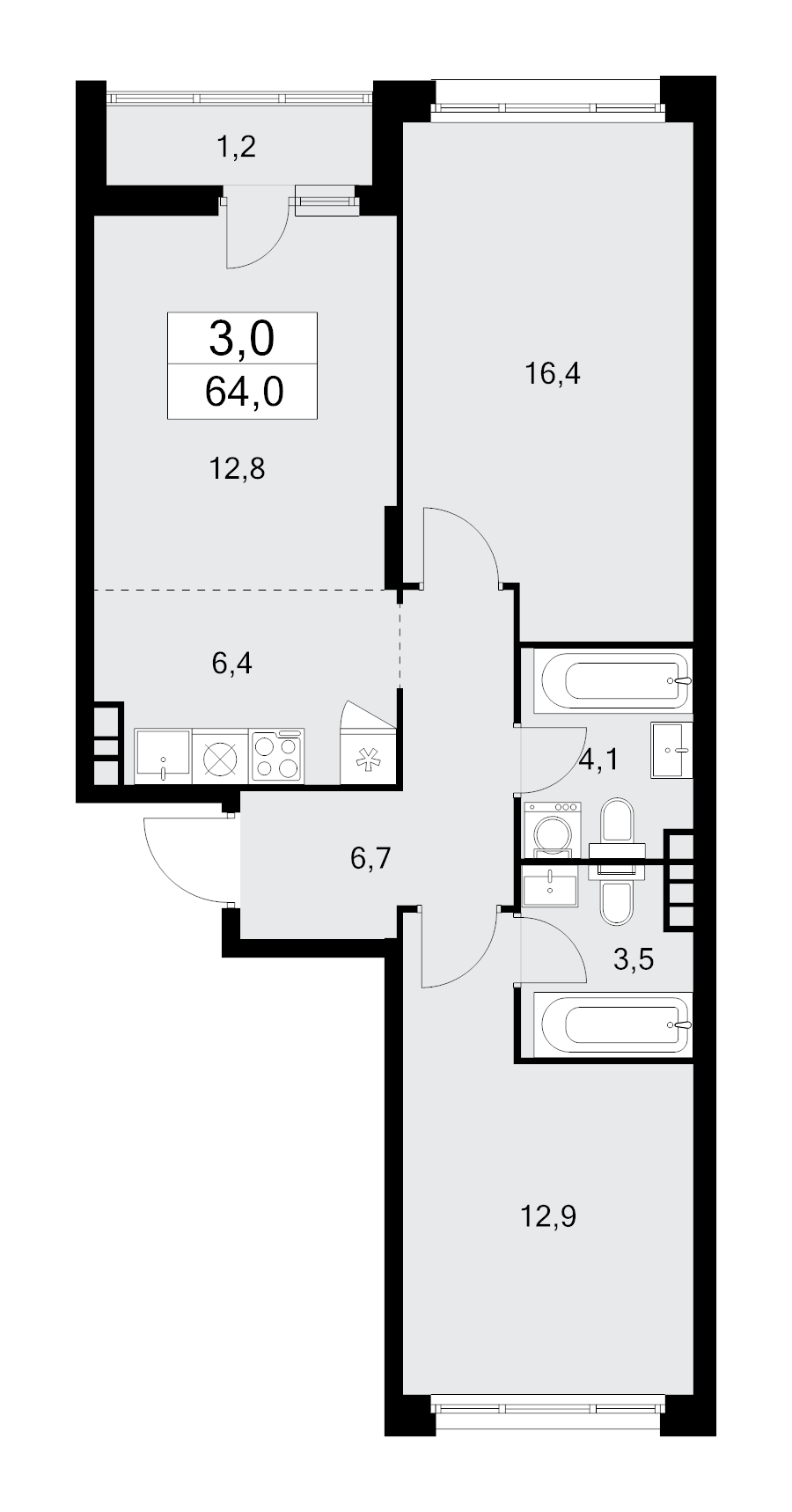 3 ккв (Евро) 64 м²