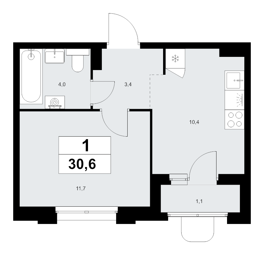 1 ккв 30,6 м²