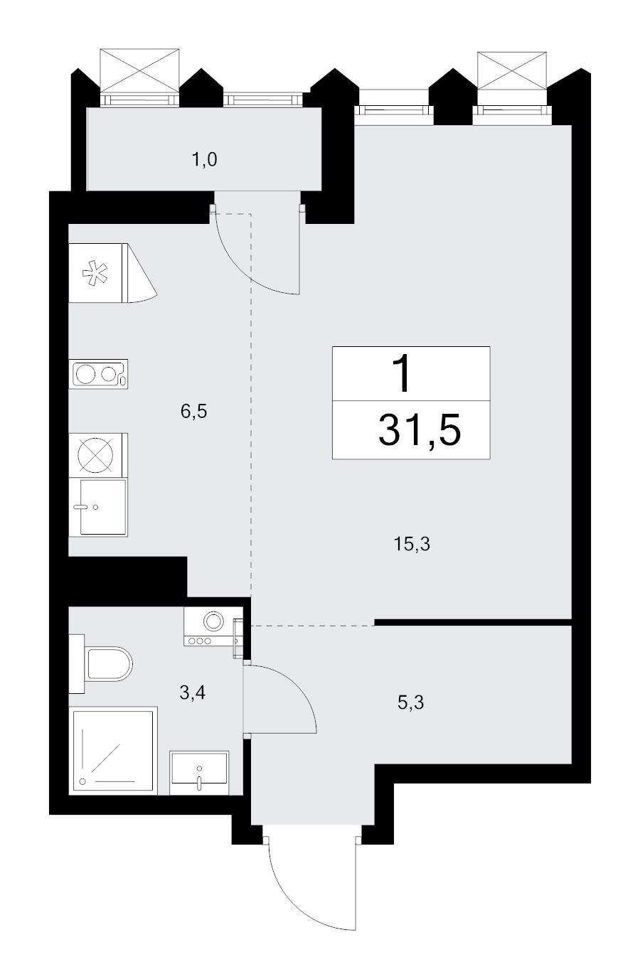 Студия 31,5 м²