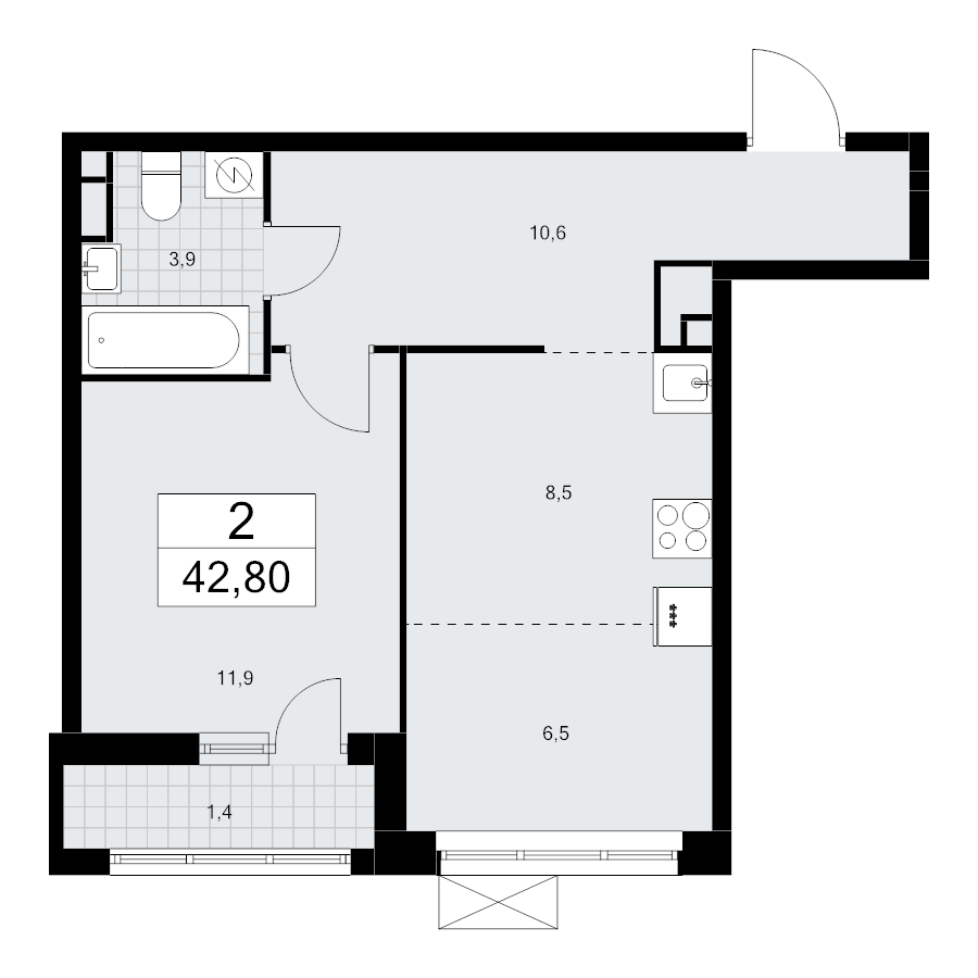 2 ккв (Евро) 42,8 м²