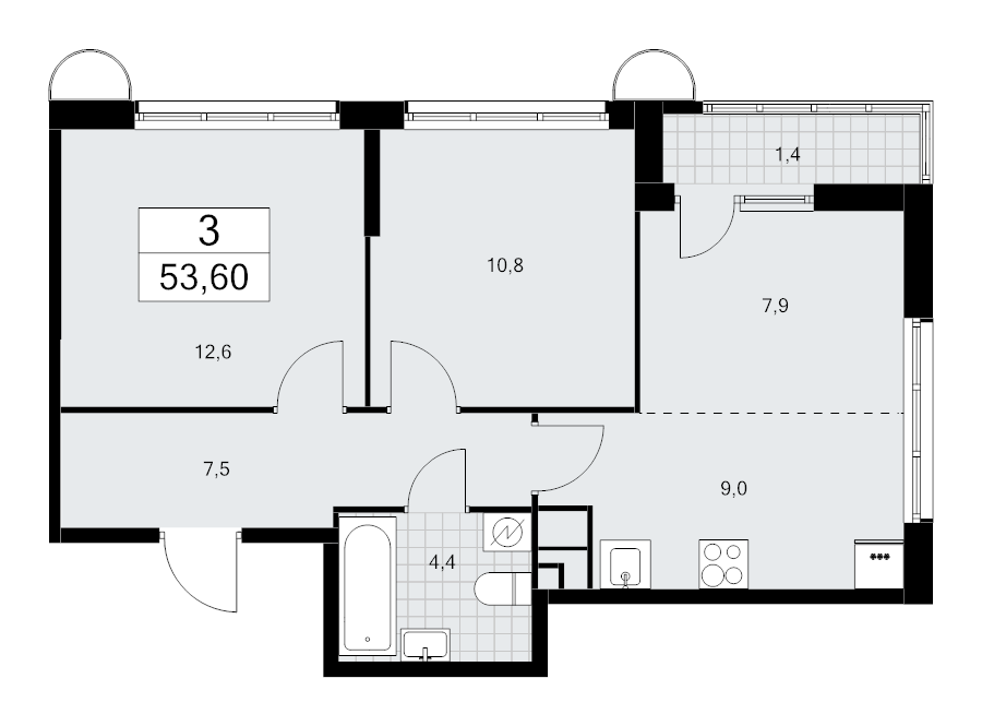 3 ккв (Евро) 53,6 м²