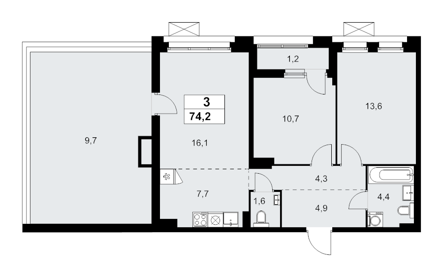 3 ккв (Евро) 74,2 м²