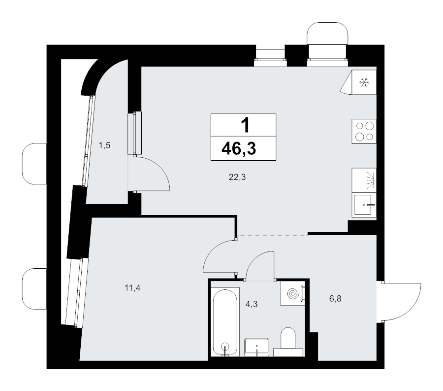 2 ккв (Евро) 46,3 м²