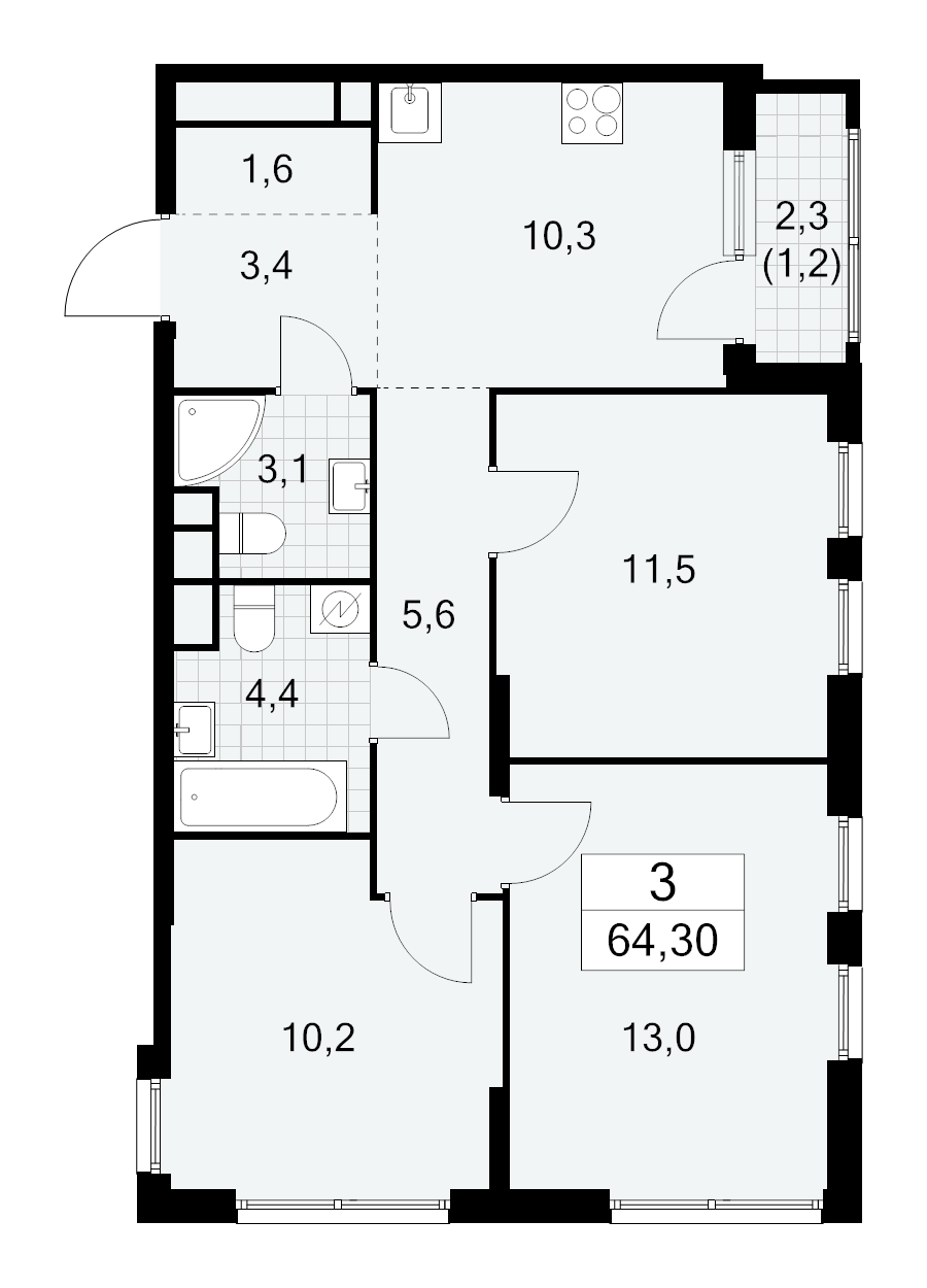 3 ккв 64,3 м²